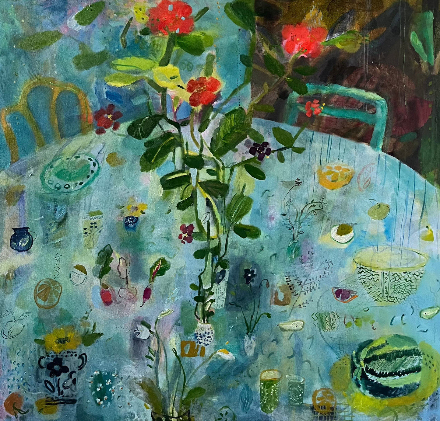 Very Blue Table, Climbing Red Geranium | 46" x 48"