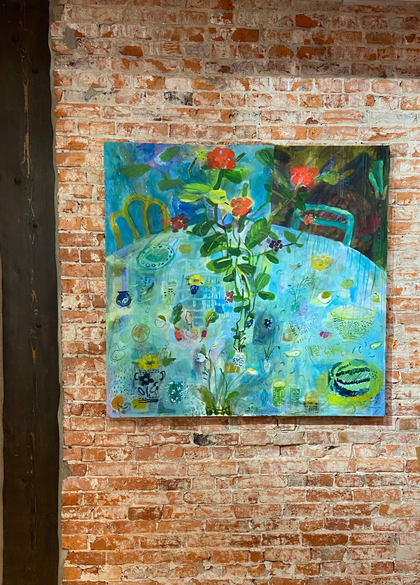 Very Blue Table, Climbing Red Geranium | 46" x 48"