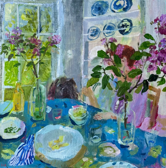 Lilac Dinner Table, and Dog  |  12" x 12"