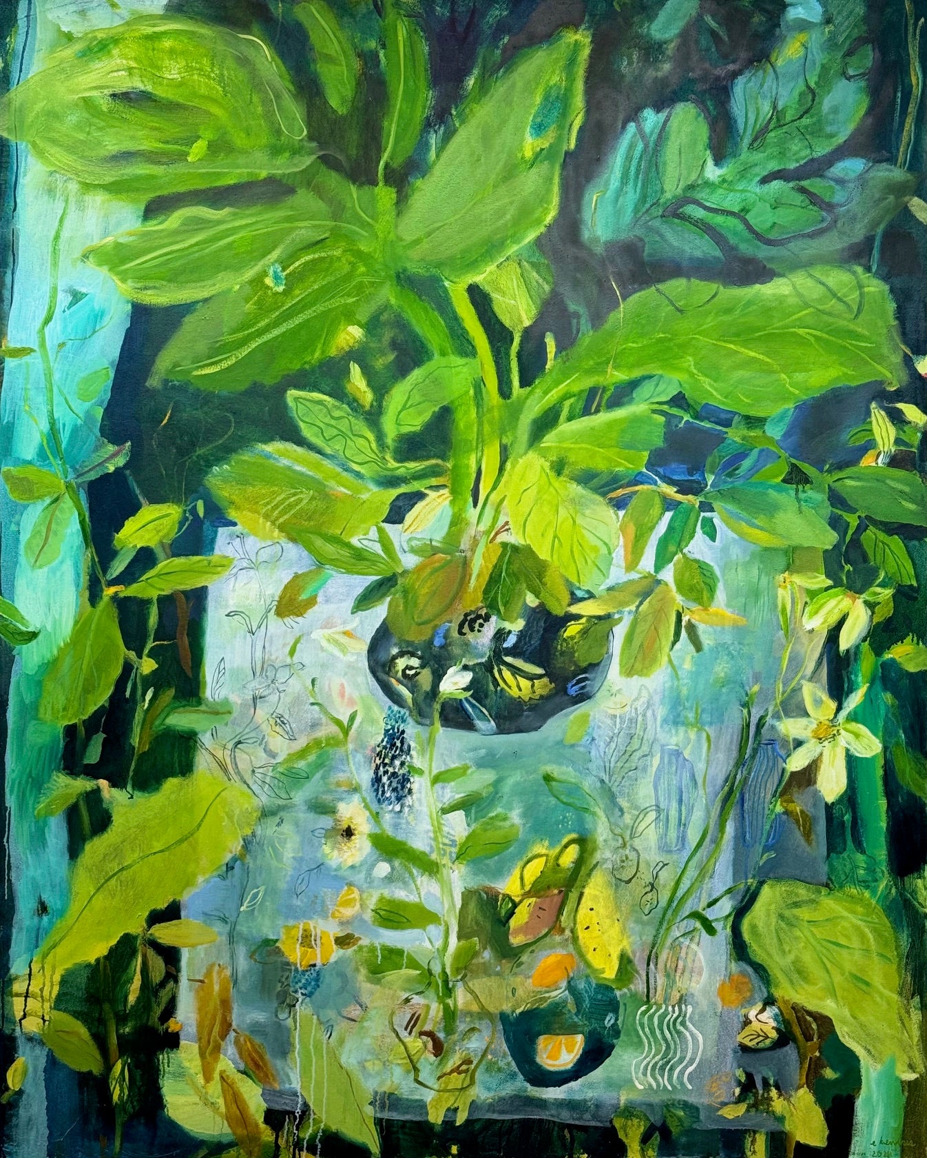 Climbing Vines Philodendron and Fiddle Leaf Fig Like Plants | 60" x 48"