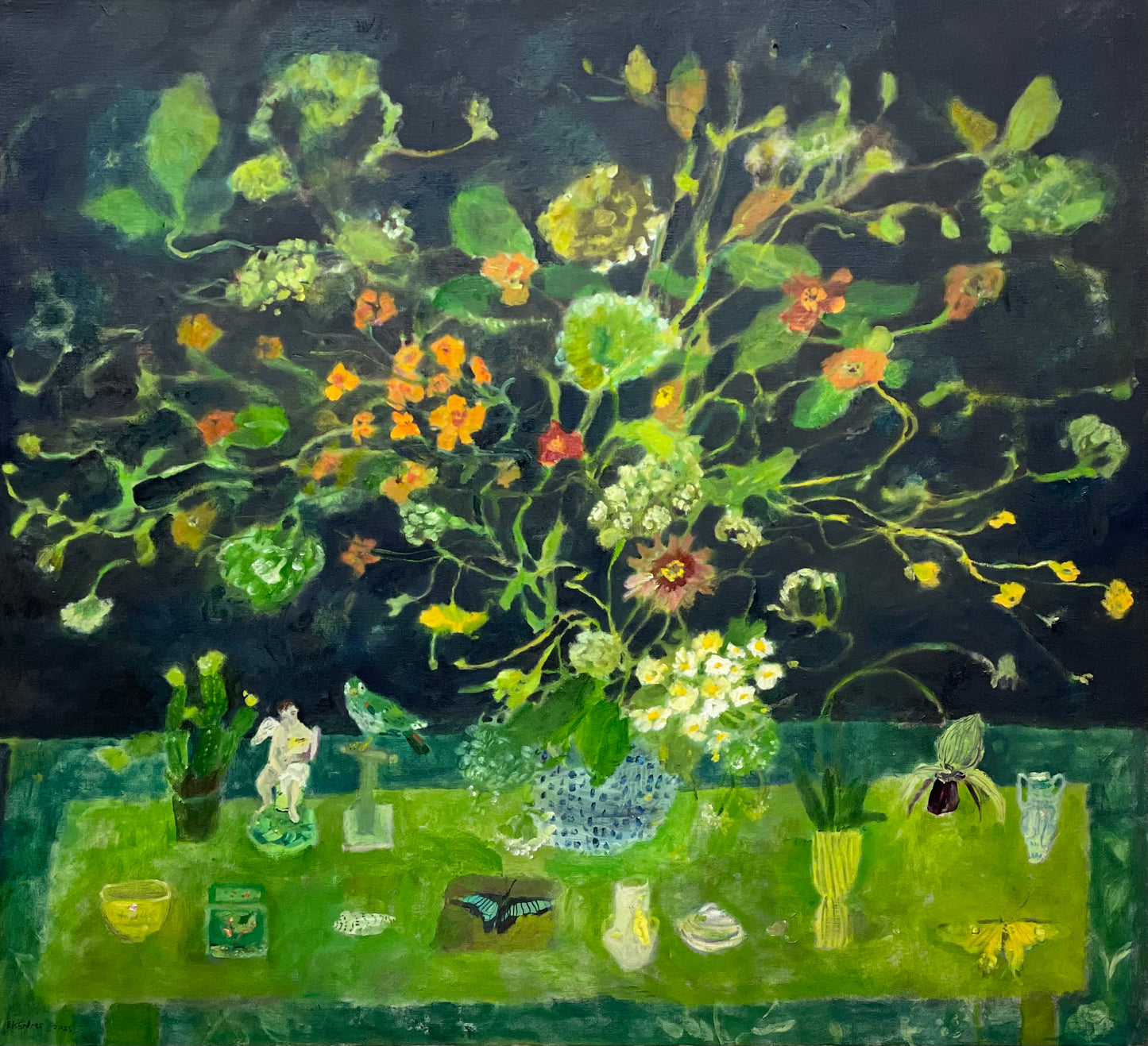 Greens and Marigold Like Flowers | 36" x 40"
