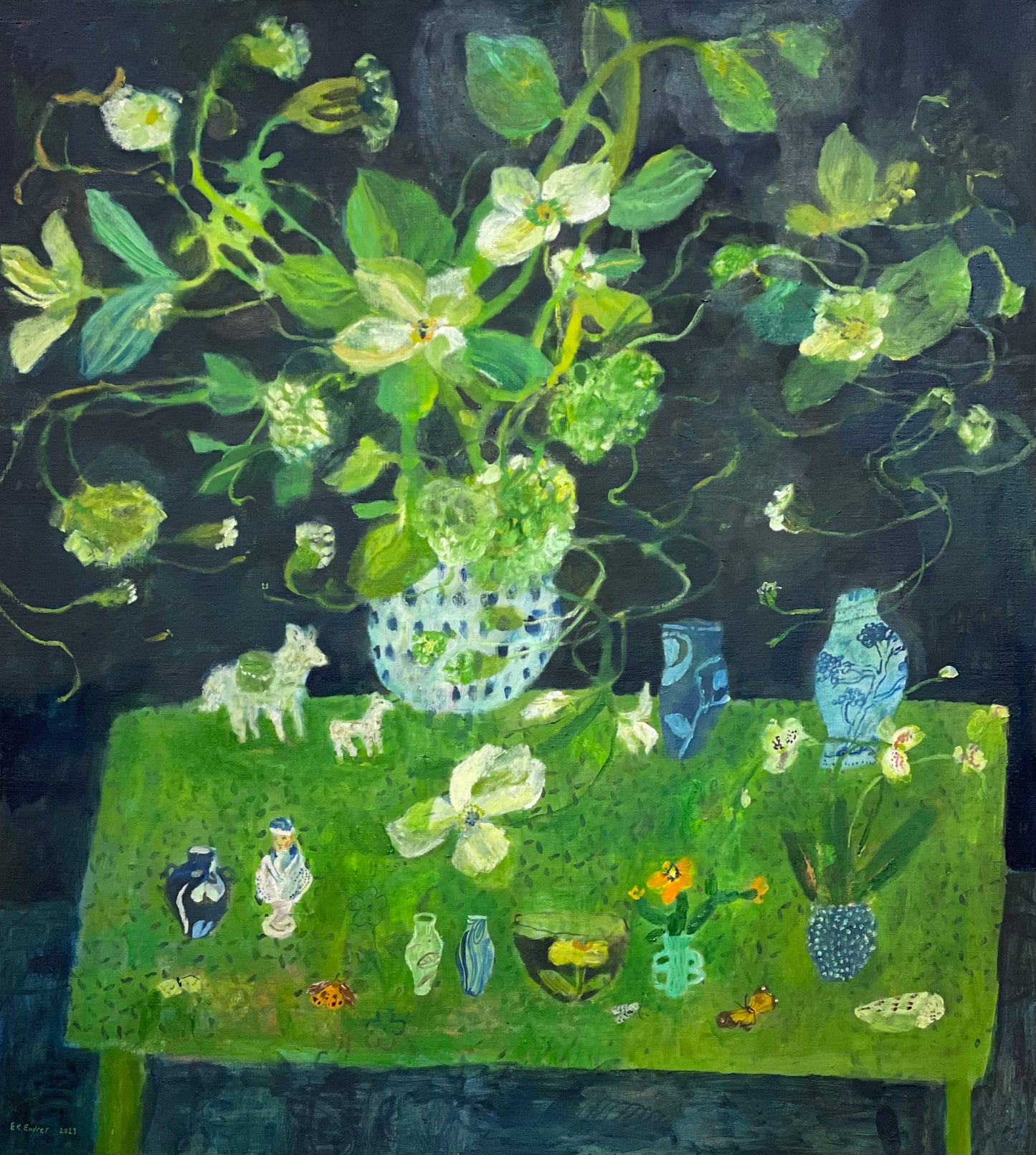 Blue, Greens Pottery and Figurines |  40" x 36"